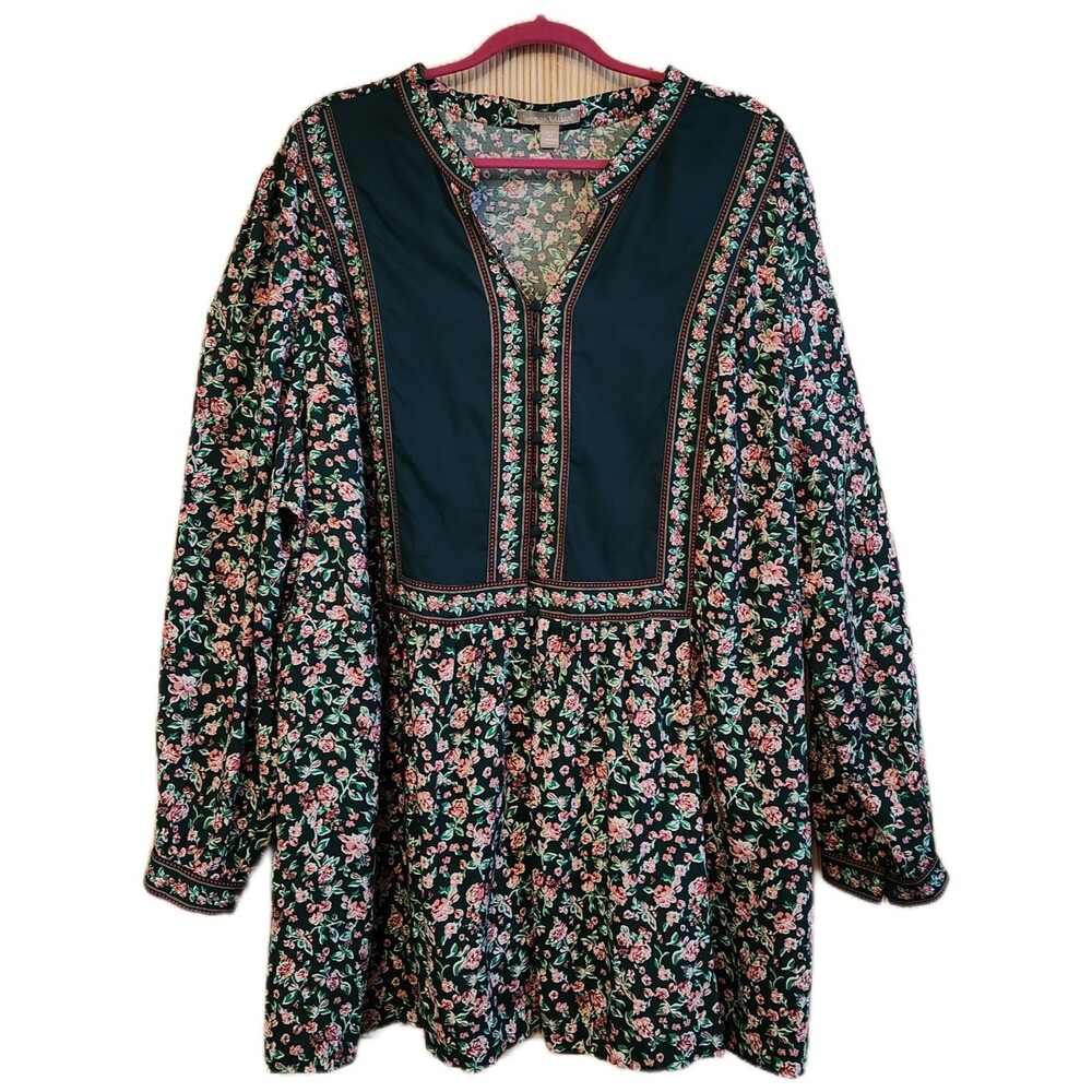 Women Within Women's Blouse Size 2X Green Floral Boho Full Button Front EUC